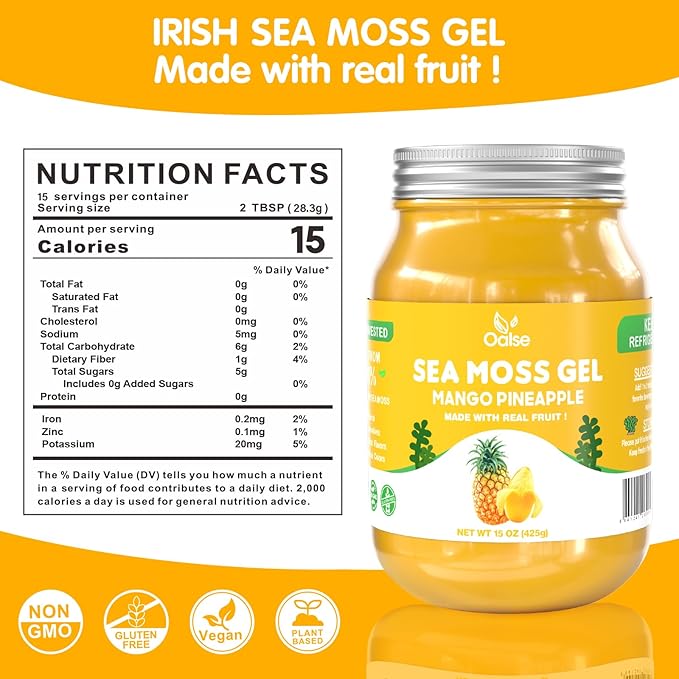Sea Moss Gel Mango Pineapple Flavor - Natural Seamoss Gel with 92 Minerals and Vitamins - Non-GMO, Gluten-Free, Vegan - Immune Defense-15 OZ