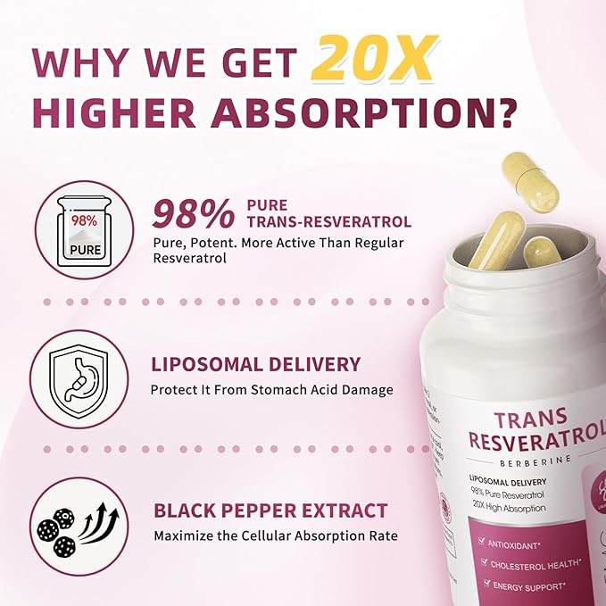 Resveratrol Supplement, 98% Pure Trans Resveratrol 600mg with Liposomal Delivery - Supports Antioxidant, Cholesterol Health, Heart Health, Energy - Vegan, 60 Capsules