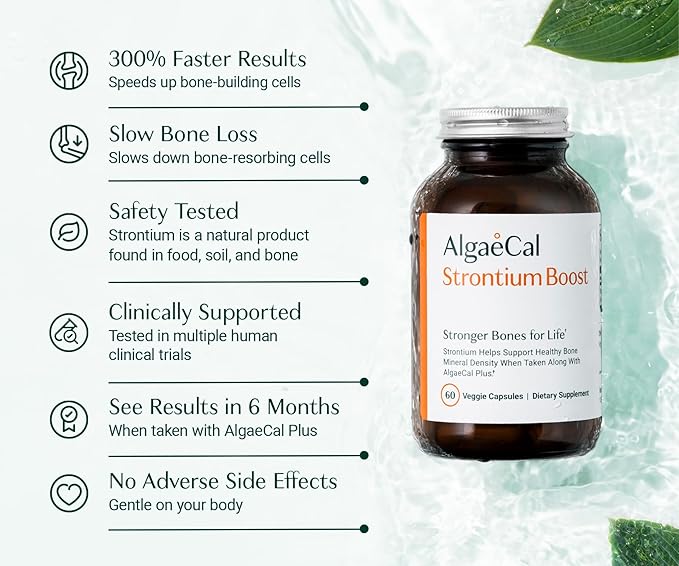 AlgaeCal - Strontium Boost, Natural Calcium Supplement for Bone Density Increase, Strontium Citrate 680 mg, Easy to Swallow for Bone Health & Bone Strength, Gluten-Free - 60 Veggie Caps- Made in USA