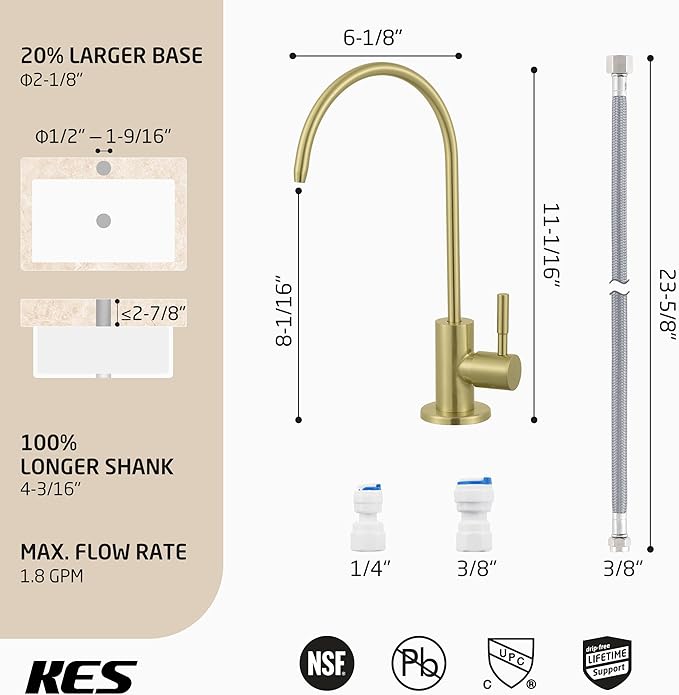 KES RO Faucet Water Filter Faucet Non-Air-Gap Drinking Water Beverage Faucets for Reverse Osmosis Systems Filtration System 304 Stainless Steel Brushed Gold, Z504CLFF18-BZ