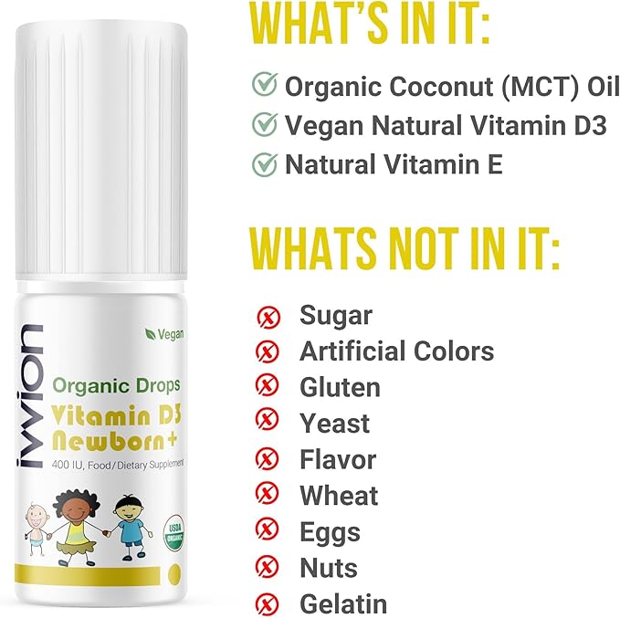 Organic Vegan 400IU, Vitamin D3, 60 Drops – Baby Drop for Infants & Toddlers | USDA Organic, Non-GMO, Plant-Based, No Additives or Preservatives, All Natural, Made in UK - Pack of 2