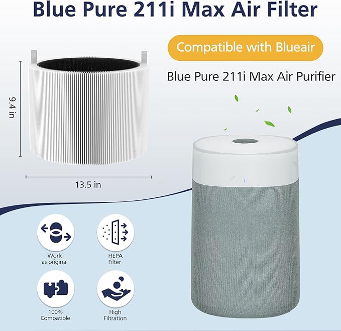 211i Max Replacement Filter Compatible with Blueair Blue Pure 211i Max Air Purifier, HEPA and Activated Carbon Replacement Filter for Blue Pure 211i Max, 2 Pack