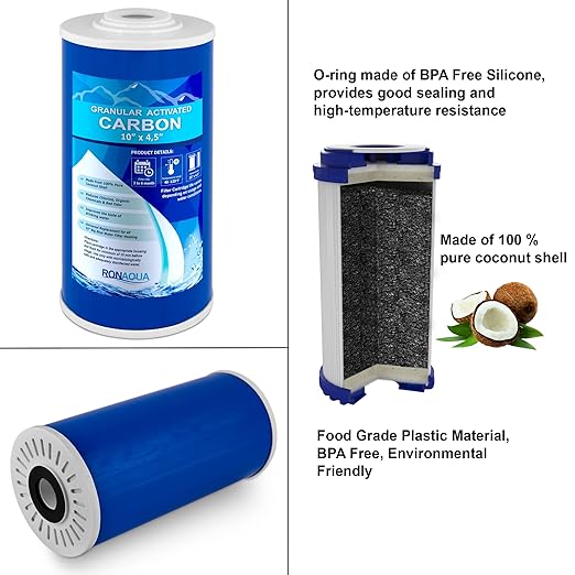 High Capacity 10 x 4.5ā Transparent Whole House Water Filter Purifier System with Presser Relief Button 1ā Inlet/Outlet Bass Port & Yearly Supply (3) Granular Coconut Shell Activated Carbon Cartridges
