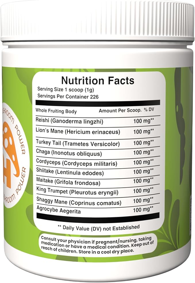 Hongo Mushroom Power - Perfect 10 Mushroom Complex Powder - Lions Mane, Reishi, Cordyceps, Chaga, Turkey Tail, Maitake Supplements - for Immunity, Energy, Memory & Focus - (8 Ounce Jar)