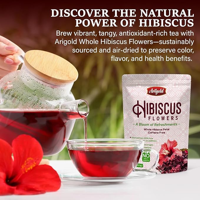 Arigold Pure Whole Petals Hibiscus Tea 1lb โ Organic Dried Hibiscus Flowers,Flor de Jamaica, Hibiscus Sabdariffa, Bissap, Sorrel, hibiscus tea loose leaf Herbal Tea for Agua Fresca, Cocktails, Iced Tea & Hot Tea | Caffeine-Free & Rich in Antioxidants.