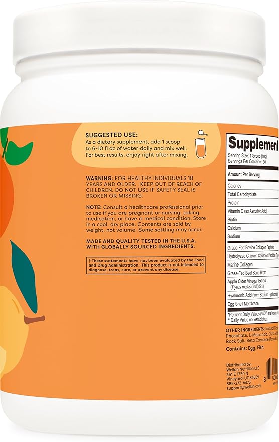 Wellah The Afterglow Multi Collagen Protein + Beauty (30 Servings, Orange Mango) - Hair, Skin, Nail & Joint Support - Non-GMO and Gluten Free