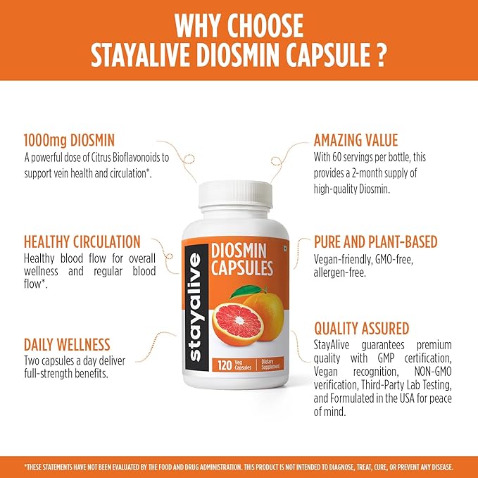STAY ALIVE Pure Diosmin Complex 1000mg Formula, 120 Capsules, Citrus Bioflavonoids Rich Fruit Extract, 2 Month Supply, 100% Vegetarian, Non-GMO & Gluten Free Diosmin Supplement