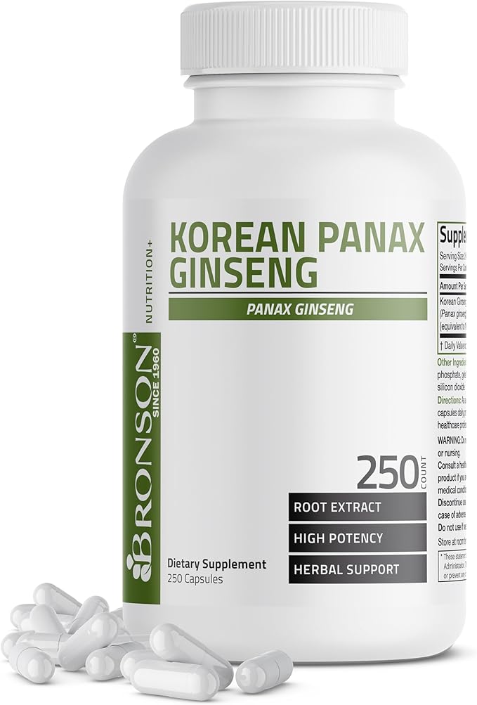 Bronson Korean Panax Ginseng Supports Energy, Endurance & Vitality + Memory and Mental Performance, 250 Capsules