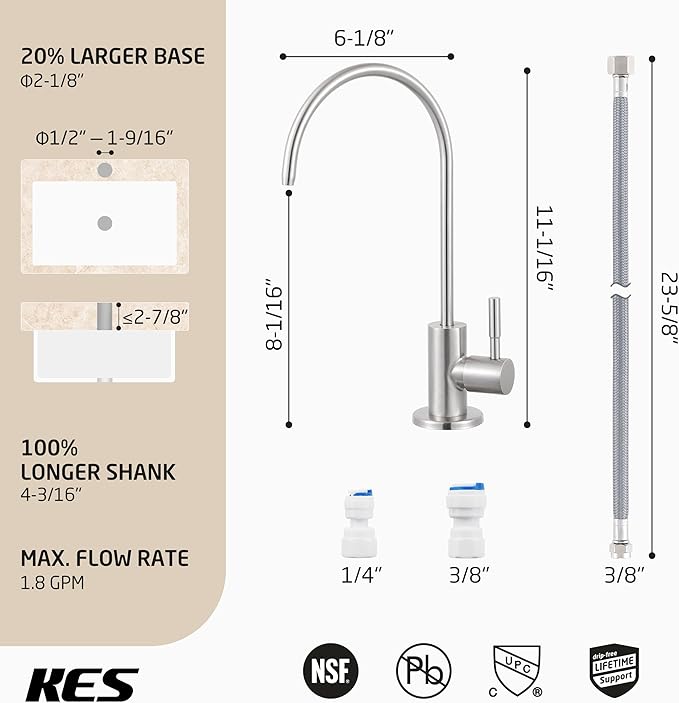 KES Drinking Water Faucet, Water Filter Reverse Osmosis Faucet for Kitchen Sink RO Faucets for Reverse Osmosis Systems 18/8 Stainless Steel Brushed Finish, Z504CLFF18-BS