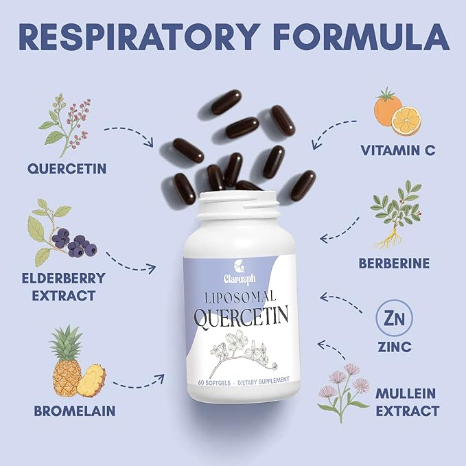 Liposomal Quercetin Supplement for Respiratory & Seasonal Challenges | Quercetin with Bromelain 1000mg - Blend with Vitamin C & Zinc | Bioflavonoids, 60 Softgels