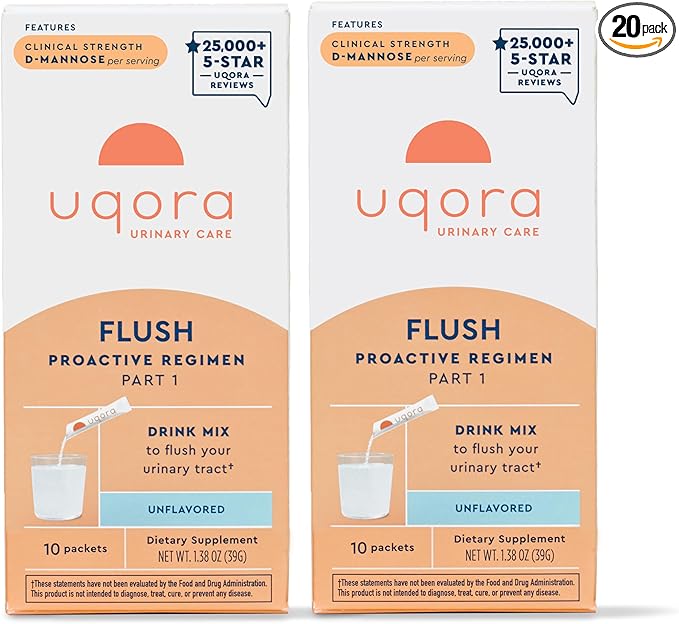 Uqora Flush - Urinary Tract* with D-Mannose, Vitamin C, Vitamin B6, Potassium, Magnesium & Calcium - Gluten-Free & Vegan - Unflavored - 20 Packets (2 Pack)