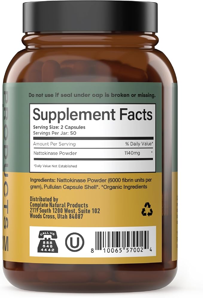 Complete Natural Products Nattokinase Capsules - 100 Count 570Mg 6000Fu'S, Support Healthy Circulation, Natto Enzymes, Gluten Free, Pure Soy Enzyme, Vegan, Non-GMO