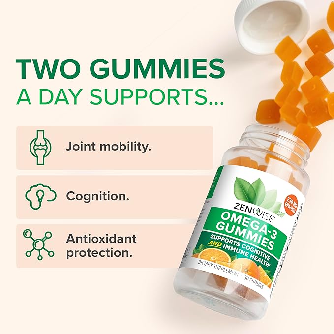 Zenwise Health Omega 3 Gummy Supplement - Burpless Omega 3 Supplement with DHA & EPA Fatty Acids for Immune Health - Sustainably Sourced Fish Oil, Flaxseed Oil & Vitamin E - 30 Gummies