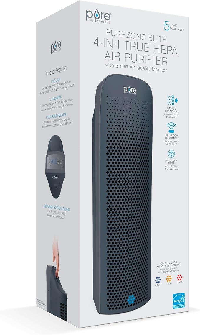 Pure Enrichment PureZone Elite True HEPA Large Room Tower Air Purifier with Air Quality Monitor, 4 Stage Filtration and UV-C Light, Helps Destroy Bacteria, Smoke, Pollen & Dust (Graphite)
