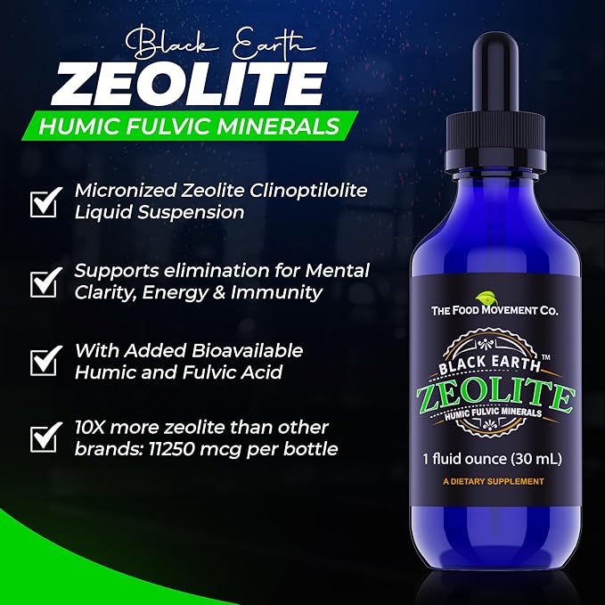 Black Earth Zeolite with Humic Fulvic Acids Trace Minerals for Adults and Kids for Detox, Gut Health and Immune Support - 1oz Liquid Drops Supplement