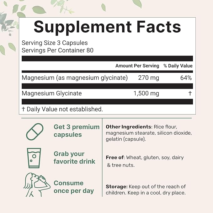 Triple Strength Magnesium Glycinate 1,500mg Per Serving, 240 Capsules | Easily Absorbed Chelated Magnesium + Elemental Form | Healthy Muscle, Bones, & Mood Support Supplement | Non-GMO