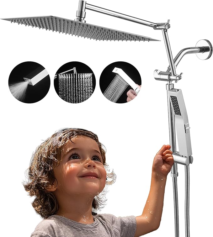 All Metal 10 Inch Rain Shower Head with Handheld Spray Combo, High Pressure Waterfall Rainfall Square Shower Heads with 16" Adjustable Extension Arm, Dual Showerhead with 3-Way Diverter, Chrome
