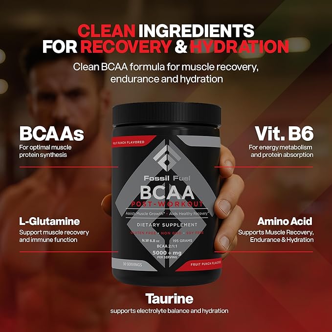 Fossil Fuel BCAA Sugar-Free Post-Workout Powder with BCAA’s, Glutamine, Vitamin B6 Essential Amino Acids for After Workout Muscle Recovery, Endurance and Hydration Fruit Punch (30 Servings)