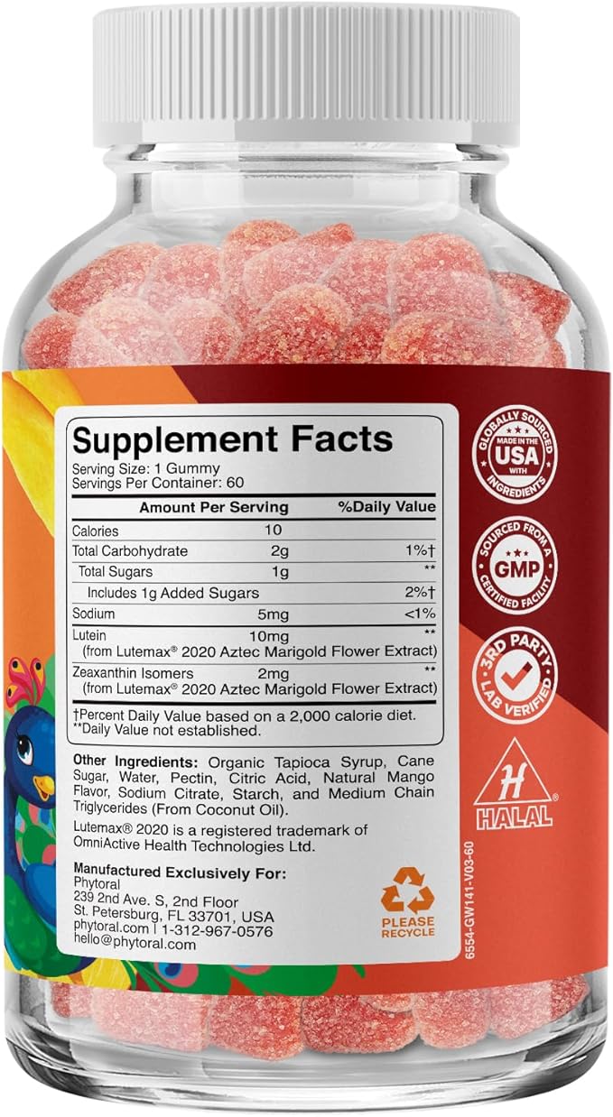 Kids Lutein Gummies - Mango Flavored Potent Lutein and Zeaxanthin Supplements for Eye Health - Eye Vitamins for Blue Light Protection, Dryness, Strain Support & Visual Sharpness - 60 Count