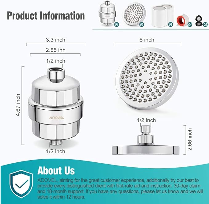 ADOVEL High Output Shower Head and Hard Water Filter, 15 Stage Shower Filter Removes Chlorine & Harmful Substances, Water Softener Showerhead for Bathroom, Rain Shower, 1 Replaceable Filter Cartridge