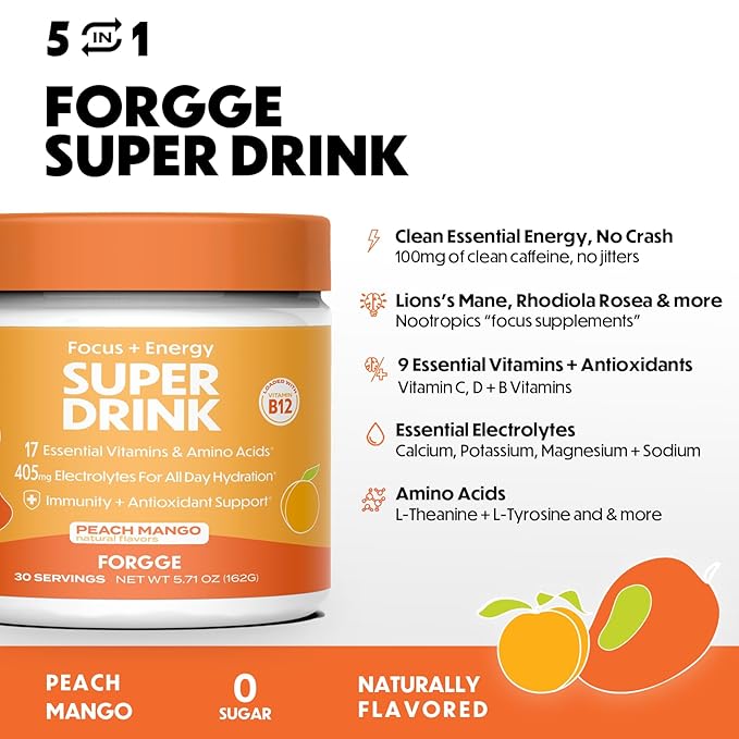 Forgge Energy Booster Super Drink - Clean Caffeine + B12, B6, C & D Vitamins - Sugar Free Energy Drink Powder with Electrolytes, Amino Acids, Antioxidants, Lions Mane - Vegan, Keto-Friendly - 30 SVG, Peach Mango