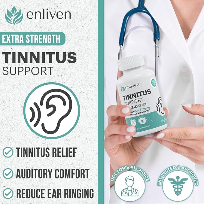 Tinnitus Relief Pills for Ringing Ears & Ear Health | Extra Strength Tinnitus Supplement with Bioflavonoids, B12 & Inositol | Supports Sleep, Focus & Auditory Clarity | 60 Caplets | 2 Daily Dose