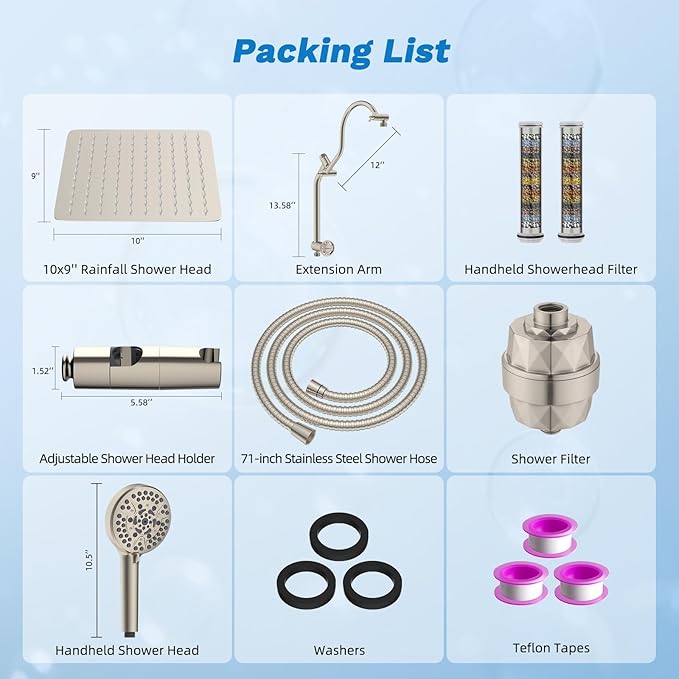 Hibbent Dual Filter All Metal 10"Rainfall Showerhead Combo, High Pressure Filter Shower Head with 10-Spray Mode Handheld, 4-way Diverter with Pause Mode, 71'' Shower Hose and Holder, Brushed Nickel