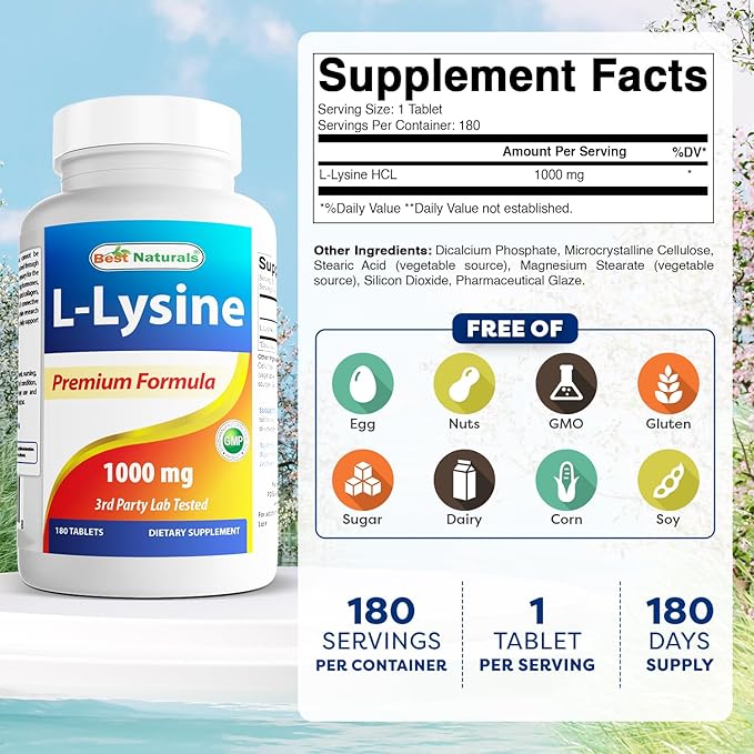Best Naturals L-Lysine 1000mg 180 Tablets (180 Count (Pack of 1)) (3 Bottles)