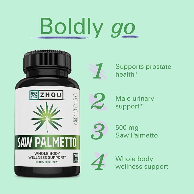 Zhou Saw Palmetto Supplement for Men - Premium Complex, Advanced Formula, Extra Strength 450mg Saw Palmetto Berry Per Capsule - 100 Vegetarian Capsules