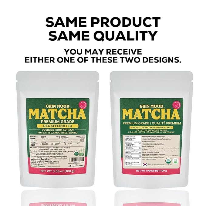 GRIN MOOD Matcha Powder Organic Green Tea Powder - Decaffeinated Green Tea, Authentic Korean Matcha, Halal (3.53oz, Premium Grade)