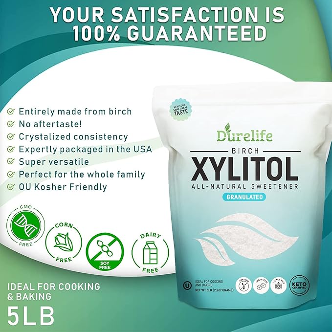 DureLife XYLITOL Sugar Substitute 2.5 LB (40 OZ) Made From 100 % Pure Birch Xylitol NON GMO - Gluten Free - Kosher, Natural sugar alternative,