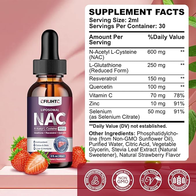 Liposomal Liquid NAC Supplement N-Acetyl Cysteine Drops, N Acetyl Cysteine 600mg with Glutathione, Resveratrol & Zinc for Adults & Kids Liver Lung Antioxidant Immune & Skin Health, Strawberry 2 Fl Oz