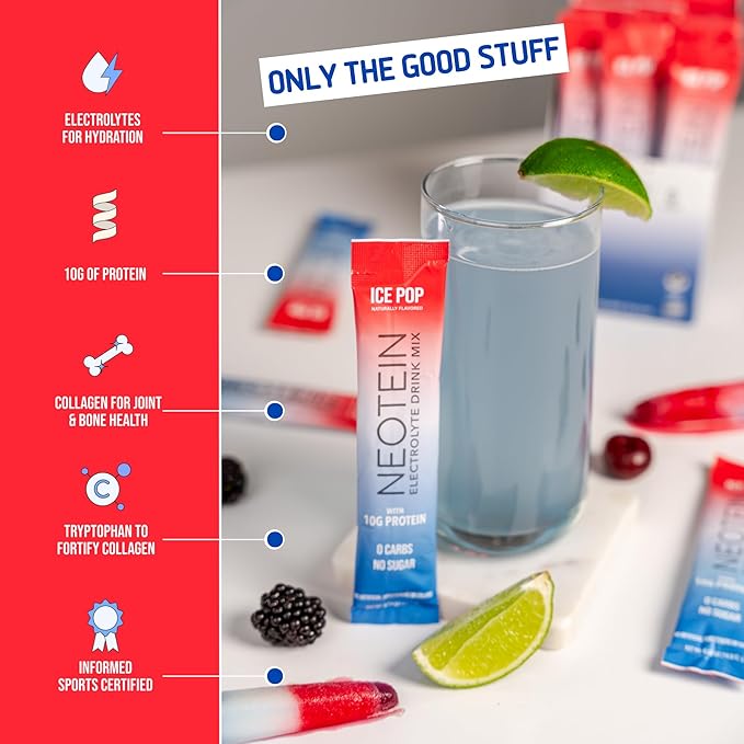 Electrolyte Powder Packets with 10g Protein & Collagen | Hydration Packets - Zero Sugar, NO Fillers, NO Carbs | Ice Pop | 40 Calories | Keto & Paleo | Pack of 15