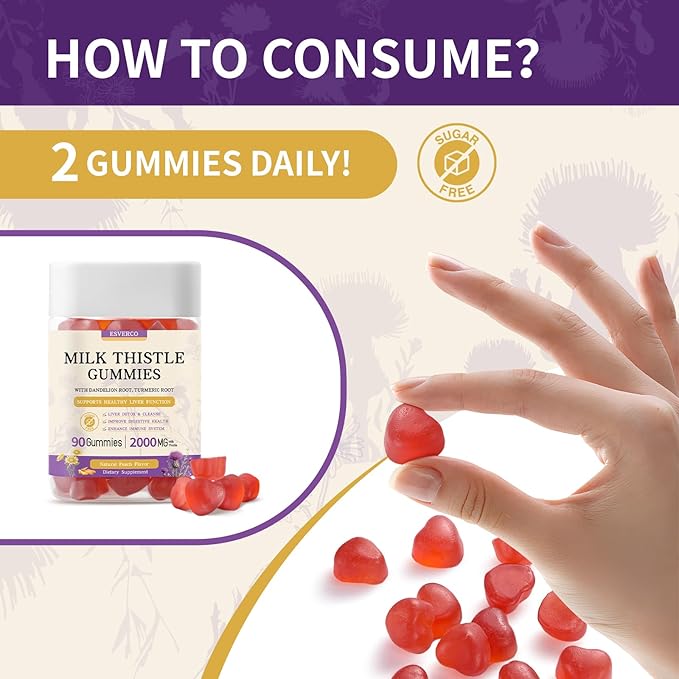 Milk Thistle Gummies with 2000MG Extract, Liver Health Support Gummies, Silymarin Milk Thistle Supplement with Artichoke, Dandelion, Turmeric Curcumin, No Sugar, for Adults, Vegan, 180 Count