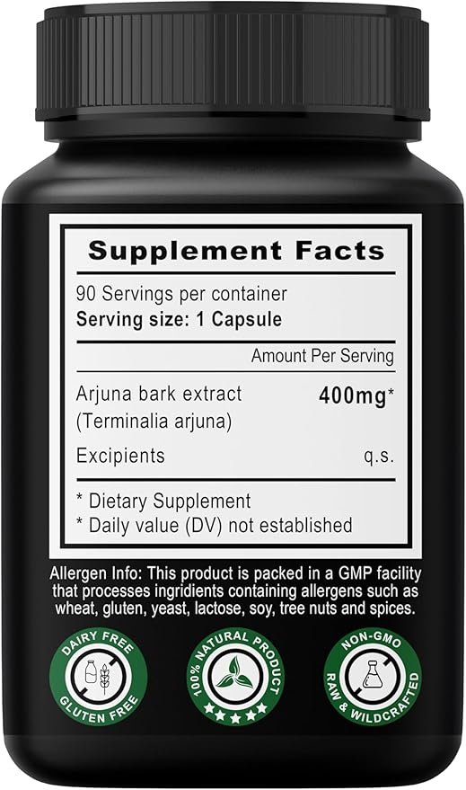 Terminalia Arjuna Bark Extract Capsules | 90 Veg Caps 400mg | Natural Blood-Pressure Maintenance | Cardiovascular Heart Support | Non-GMO & Gluten Free | Ayurvedic Supplement | 45 Days Supply