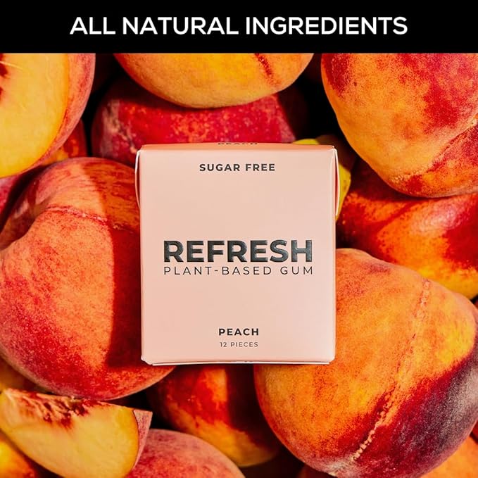 Refresh Gum, Xylitol, Natural, Sugar Free, Aspartame Free, Plastic Free, Natural Flavors & Organic Ingredients, Plant-Based, Low Calorie, Non GMO, Gluten Free, Vegan, Peach Flavor, 12 Pieces, 12 Pack