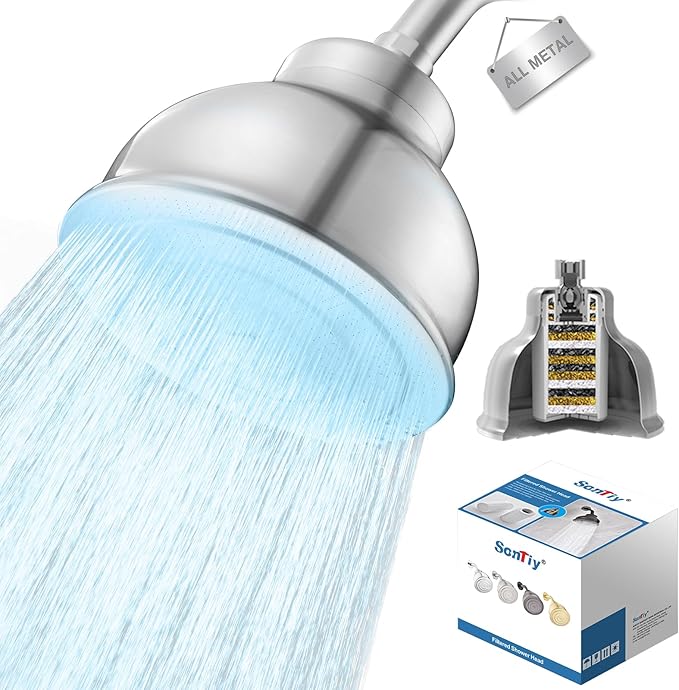 All Metal Filtered Shower Head, Shower Filter Head For Hard Water Removes Chlorine, Improve Hair,Nails & Skin, Adjustable High Pressure Water Softener Showerhead, 6 Inch, Chrome