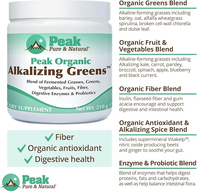 Peak Pure & Natural Peak Organic Alkalizing Greens Support pH Balance and Alkalinity | Superfood Green Drink Powder | Blend of Fermented Grass, Vegetable, & Fruit | Digestive Enzyme & Probiotic Powder