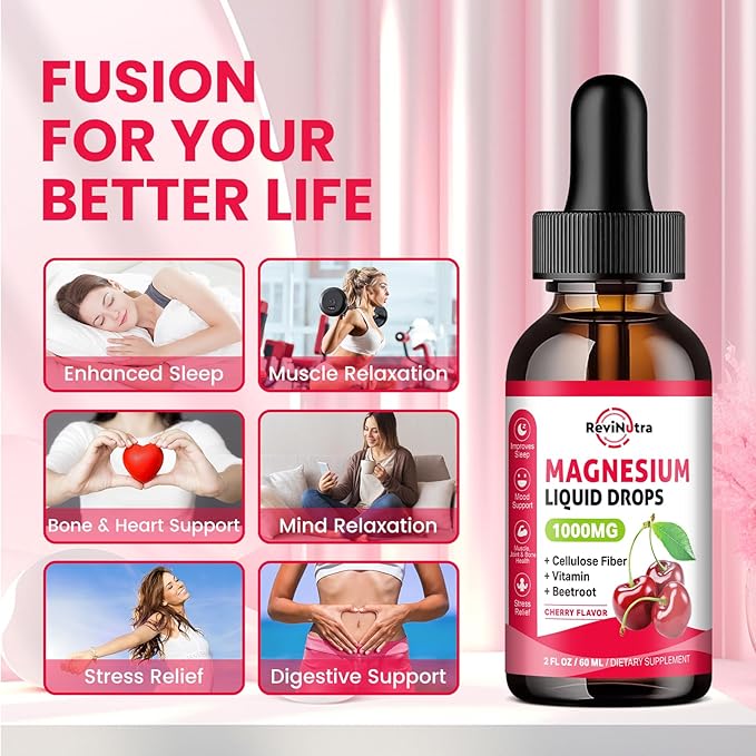 Magnesium Glycinate Liquid Drops, 1000mg Magnesium Glycinate, Citrate & Taurate with Fiber, Beetroot, Vitamin B & C for Sleep, Calm, Muscle, Energy & Relaxation, 2 Fl Oz, Sugar-Free Cherry Flavor