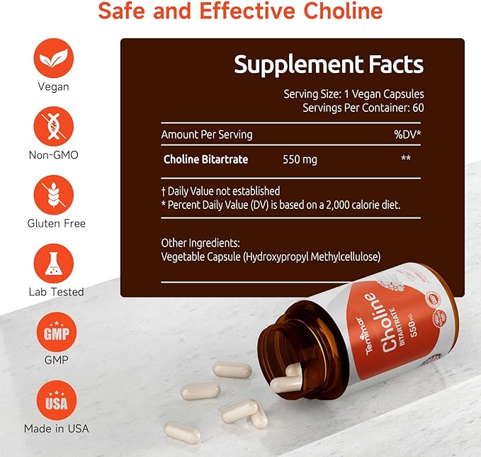 Choline Bitartrate 550mg, Supports Liver & Brain Health, High Absorption Choline Supplements, Non-GMO, Gluten-Free, Made in USA, 60 Vegan Capsules