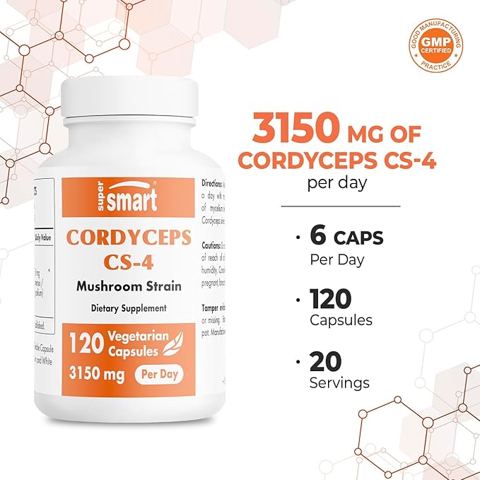 Supersmart - Cordyceps Cs-4 3150mg per Day (Hight Strength) - Cordyceps Mushroom Supplement - Endurance & Energy | Non-GMO & Gluten Free - 120 Vegetarian Capsules