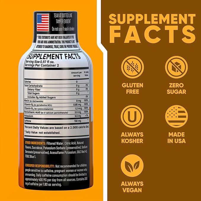 Energy Shot – 2 Servings – 100% DV B-Vitamins & 130mg Plant-Based Caffeine – Zero Calories, Sugar-Free, Vegan, Non-GMO – Energy & Productivity Support (1.93 Fl Oz (Pack of 8), Cherry Limeade)