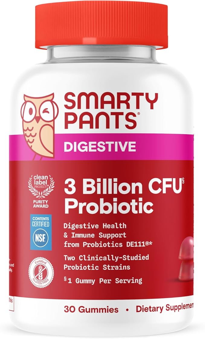 SmartyPants Adult Probiotic Gummies for Digestive Health: 3 Billion CFU, Gut Health and Immune Support Supplement, Clinically Studied Probiotic, Gluten Free, Strawberry, 30 Count (30 Day Supply)
