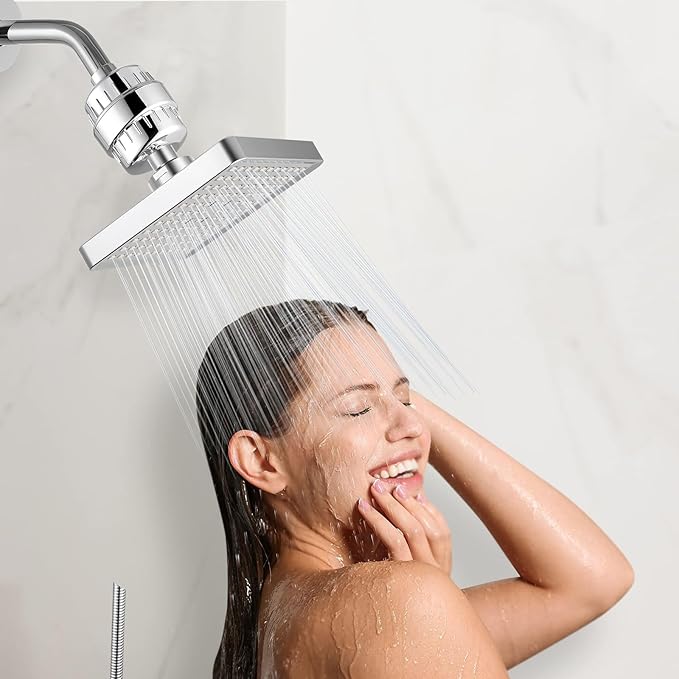 High Pressure Filtered Shower Head Set, 6’’ Rain Shower Filter for Hard Water, Universal Square Showerhead 20 Stage Filtration Removes Impurities for Rejuvenated Skin by Eolax, Chrome