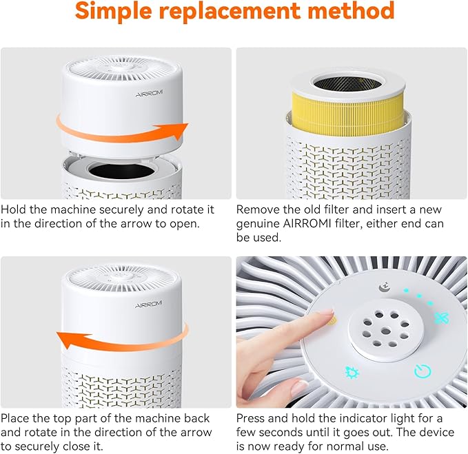 AIRROMI Pets Air Purifier for Home Allergies,Up to 660 ft².Yellow Deodorizing Activated Carbon Filter,With Fragrance Sponge for Better Sleep,Night Light,Pet Dander,Smoke,Odors,Air Cleaner A2002 White