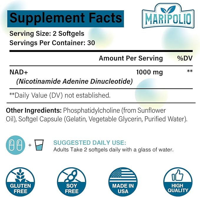 Liposomal NAD+ Supplement 1000 mg | Highest NAD Pontecy | Max Absorption | Pure NAD Supplement | Energy and DNA Repair, Aging Defense, Brain Function | 480 Softgels