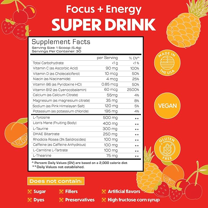 Forgge Healthy Energy Drink Powder Mix - Clean Caffeine + B12, B6, C & D Vitamins - Sugar Free Energy Drink Powder with Electrolytes, Amino Acids, Antioxidants, Lions Mane - Vegan, Keto-Friendly - 30 SVG, Fruit Punch
