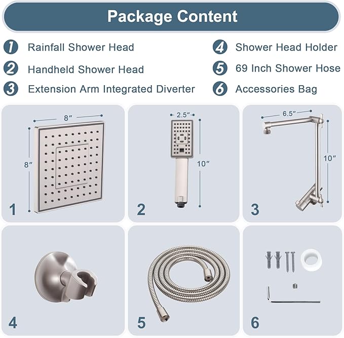 BRIGHT SHOWERS High Pressure Rain Shower Head Combo with Double Extension Arm, 8 Inch Rainfall Shower Head with Handheld Spray, Height Adjustable Dual Square Showerhead Set, Brushed Nickel