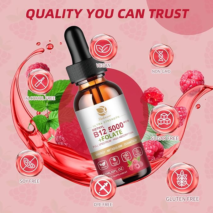 Vitamin B12 Sublingual Drops Vegan B12 Vitamins Liquid-Full Spectrum-Methylcobalamin, Adenosyl & Hydroxy B12, for Energy, Focus, Mood & Immune Support- 2 Month Supply, 2 fl oz
