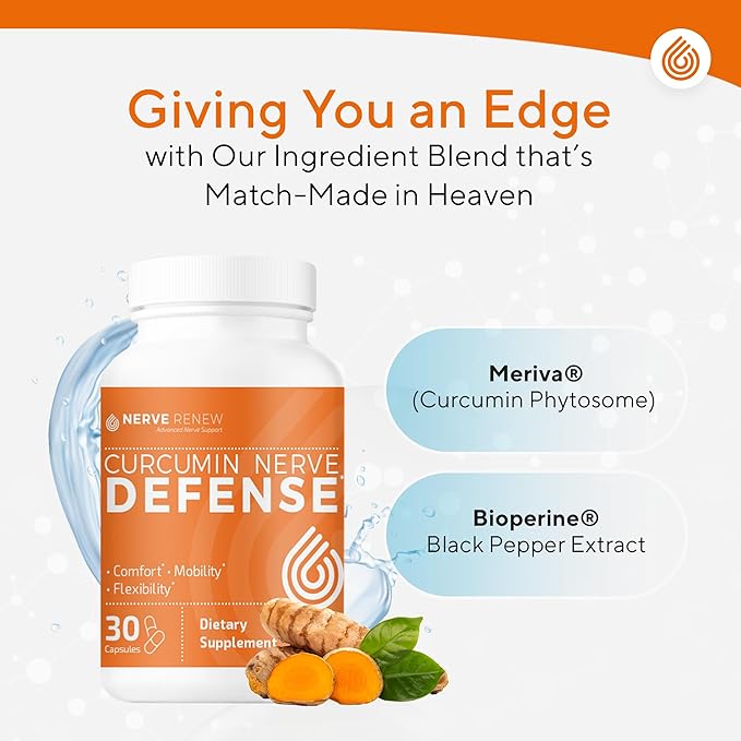 NERVE RENEW Curcumin Nerve Defense with Meriva Curcumin Phytosome for Complete Nerve Nourishment and Comfort - Optimized Curcumin with Black Pepper Extract - 30 Capsules